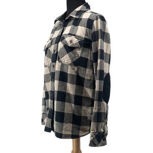 ROOTS flannel button up shirt elbow patches buffalo plaid thick warm cozy sz M